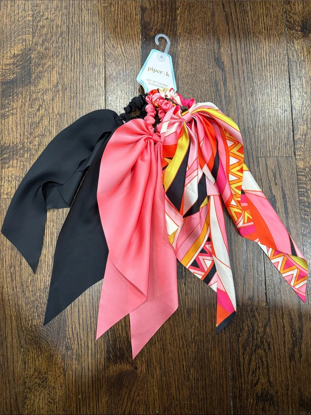 Piper K Satin Scarf Scrunchie Set - Pink & Black